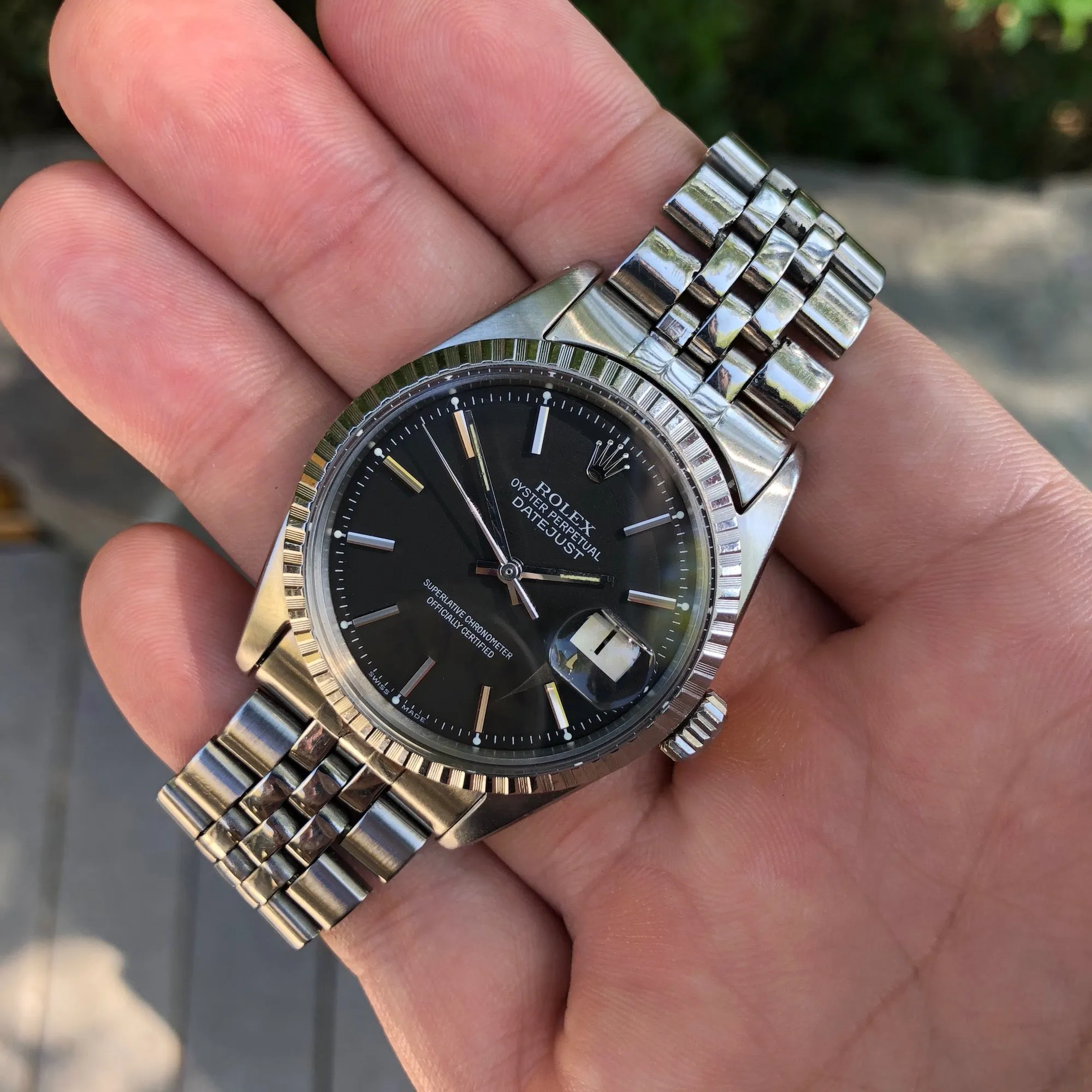 1966 Rolex Datejust 1603 Black Stick Engine Turned Big Logo Wristwatch