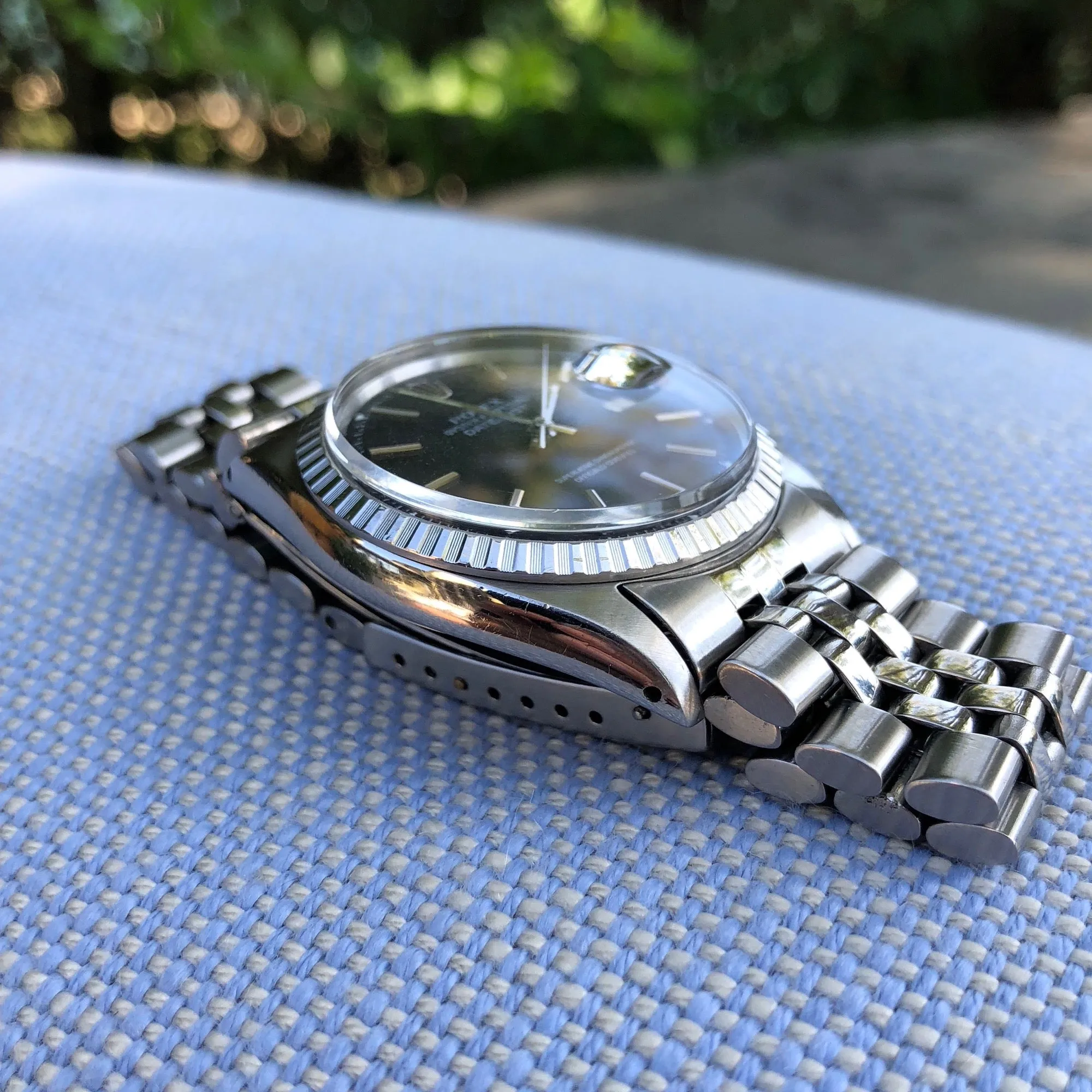 1966 Rolex Datejust 1603 Black Stick Engine Turned Big Logo Wristwatch