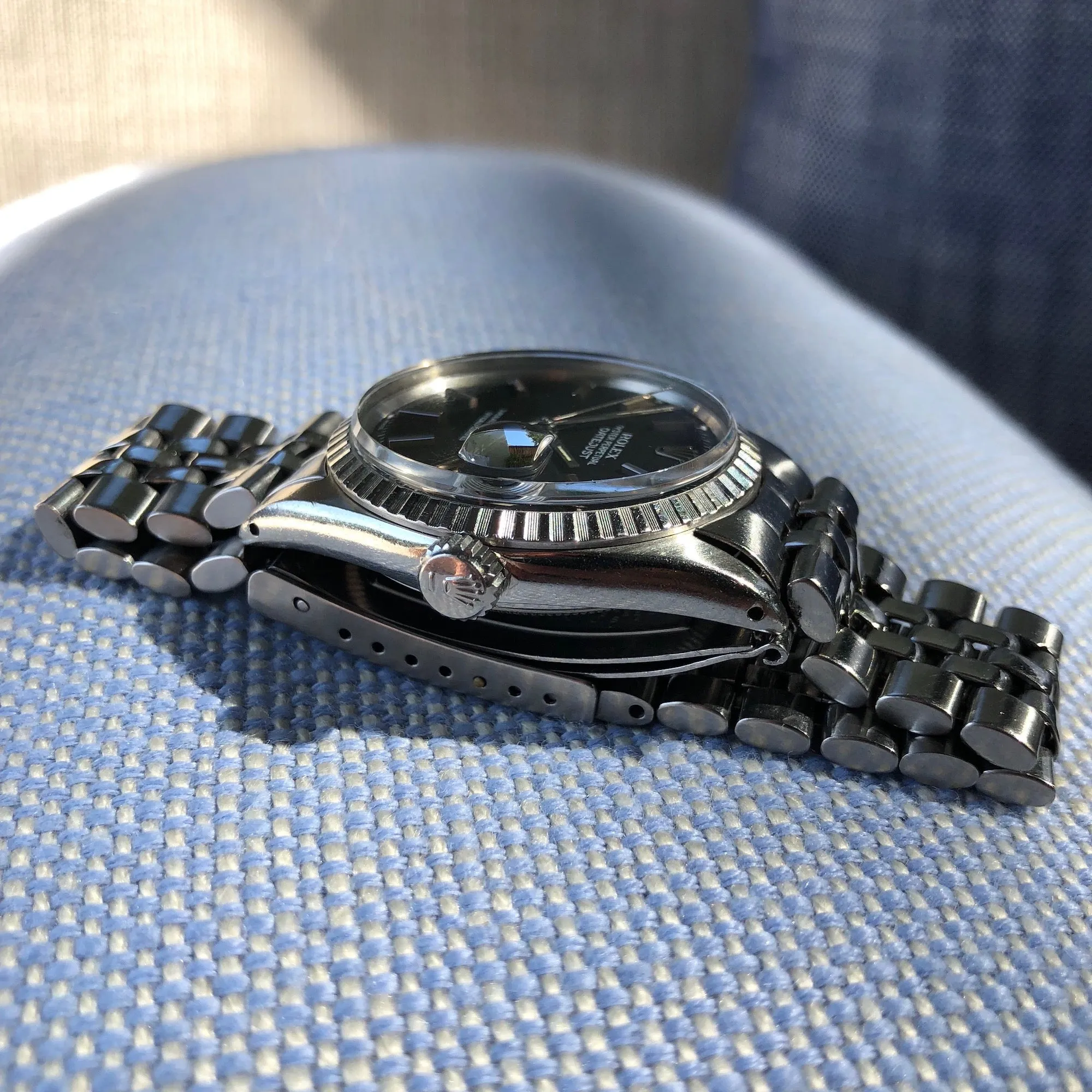 1966 Rolex Datejust 1603 Black Stick Engine Turned Big Logo Wristwatch