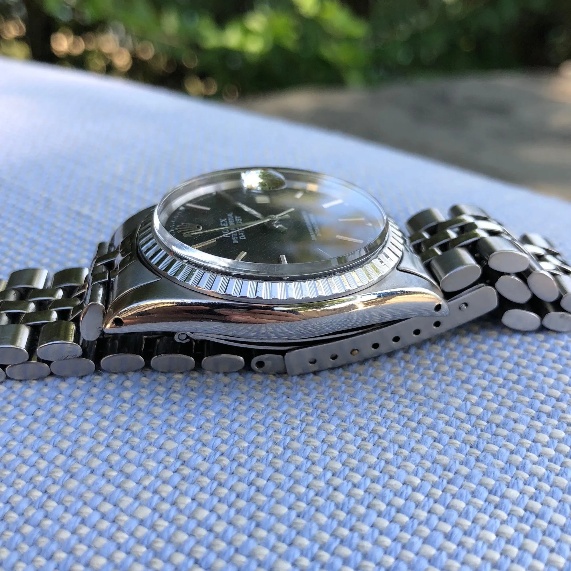 1966 Rolex Datejust 1603 Black Stick Engine Turned Big Logo Wristwatch