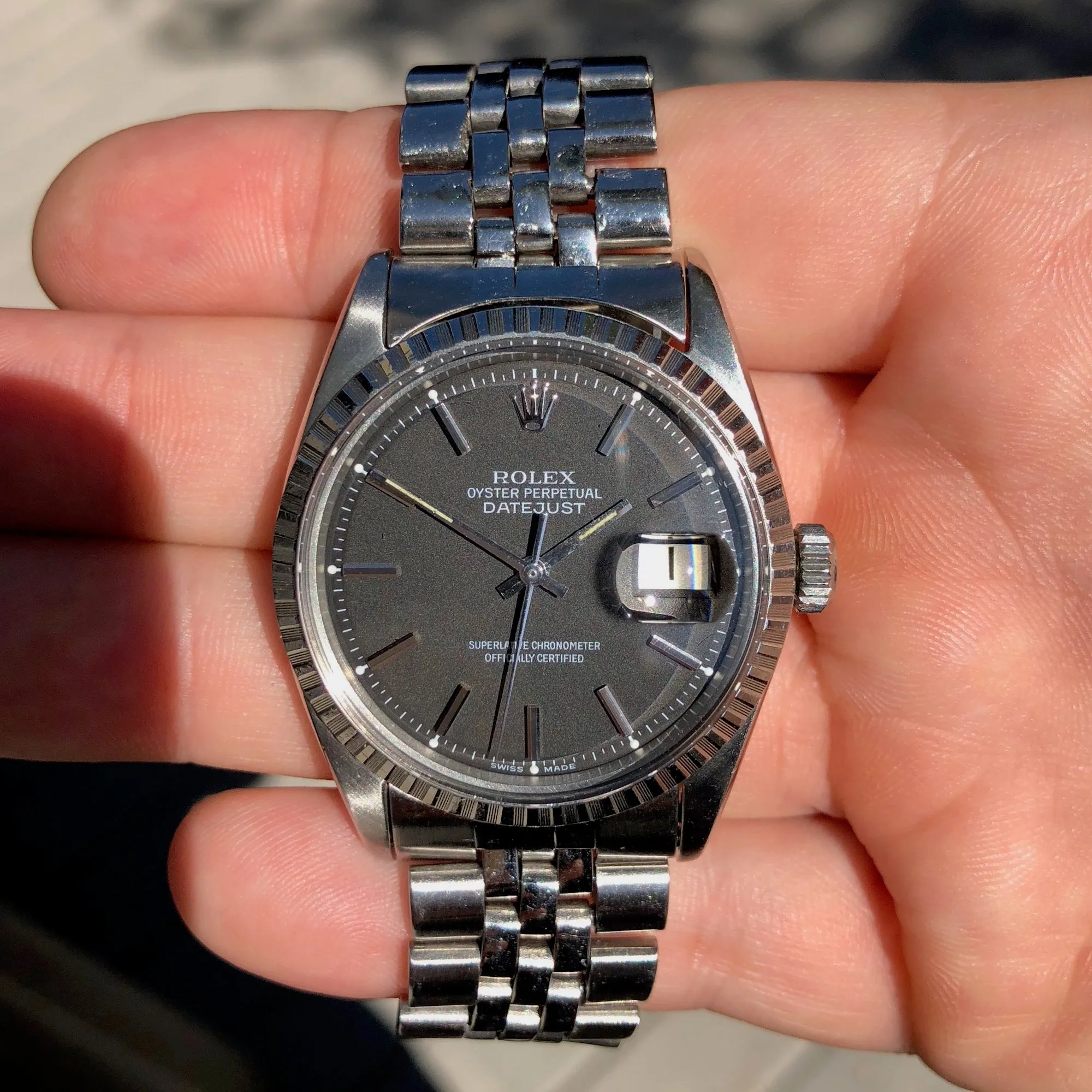 1966 Rolex Datejust 1603 Black Stick Engine Turned Big Logo Wristwatch
