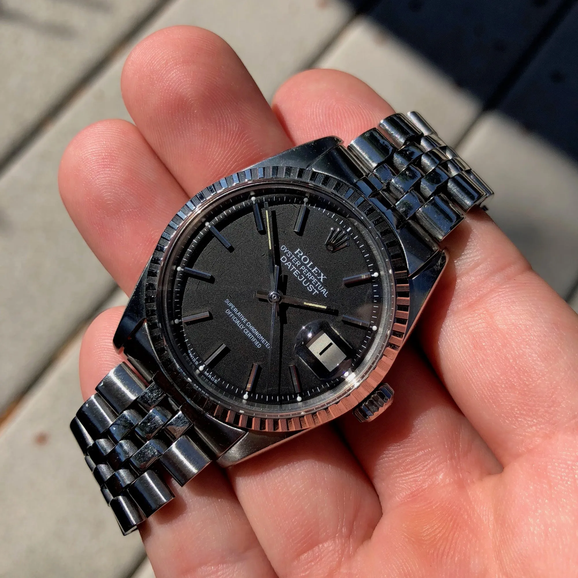 1966 Rolex Datejust 1603 Black Stick Engine Turned Big Logo Wristwatch