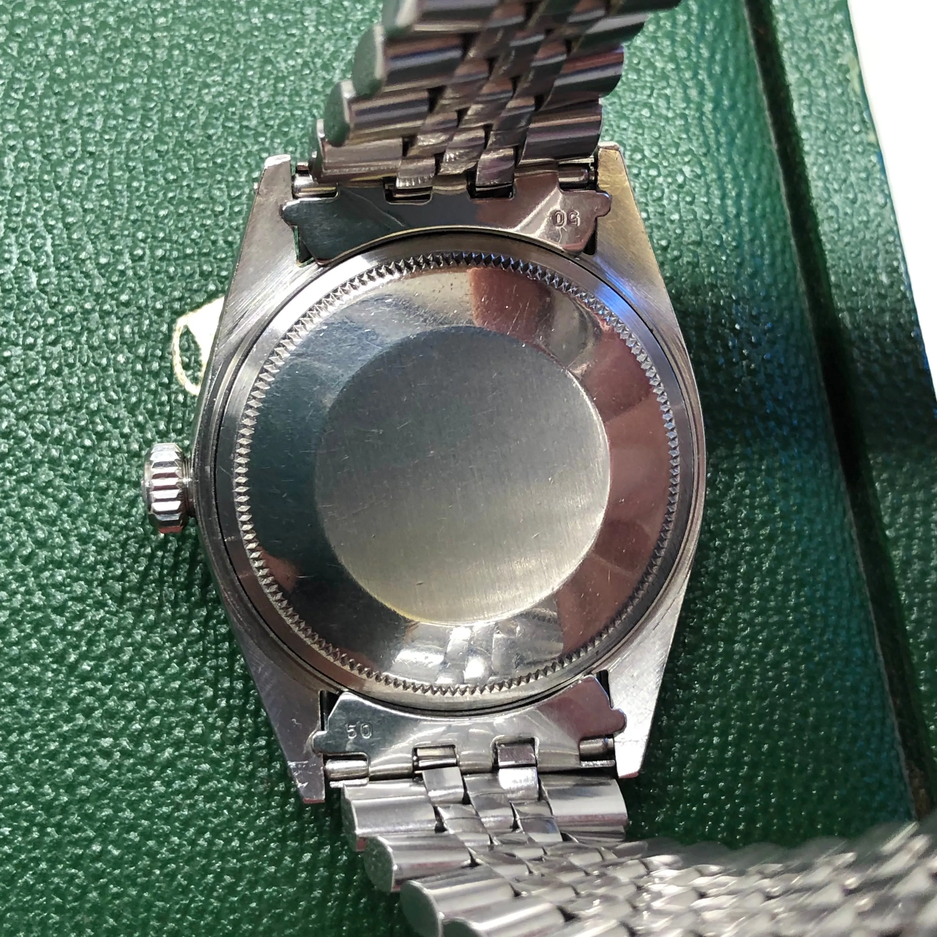 1969 Rolex Datejust 1603 Steel Engine Turned Jubilee Silver Pie Pan Dial Wristwatch with Box