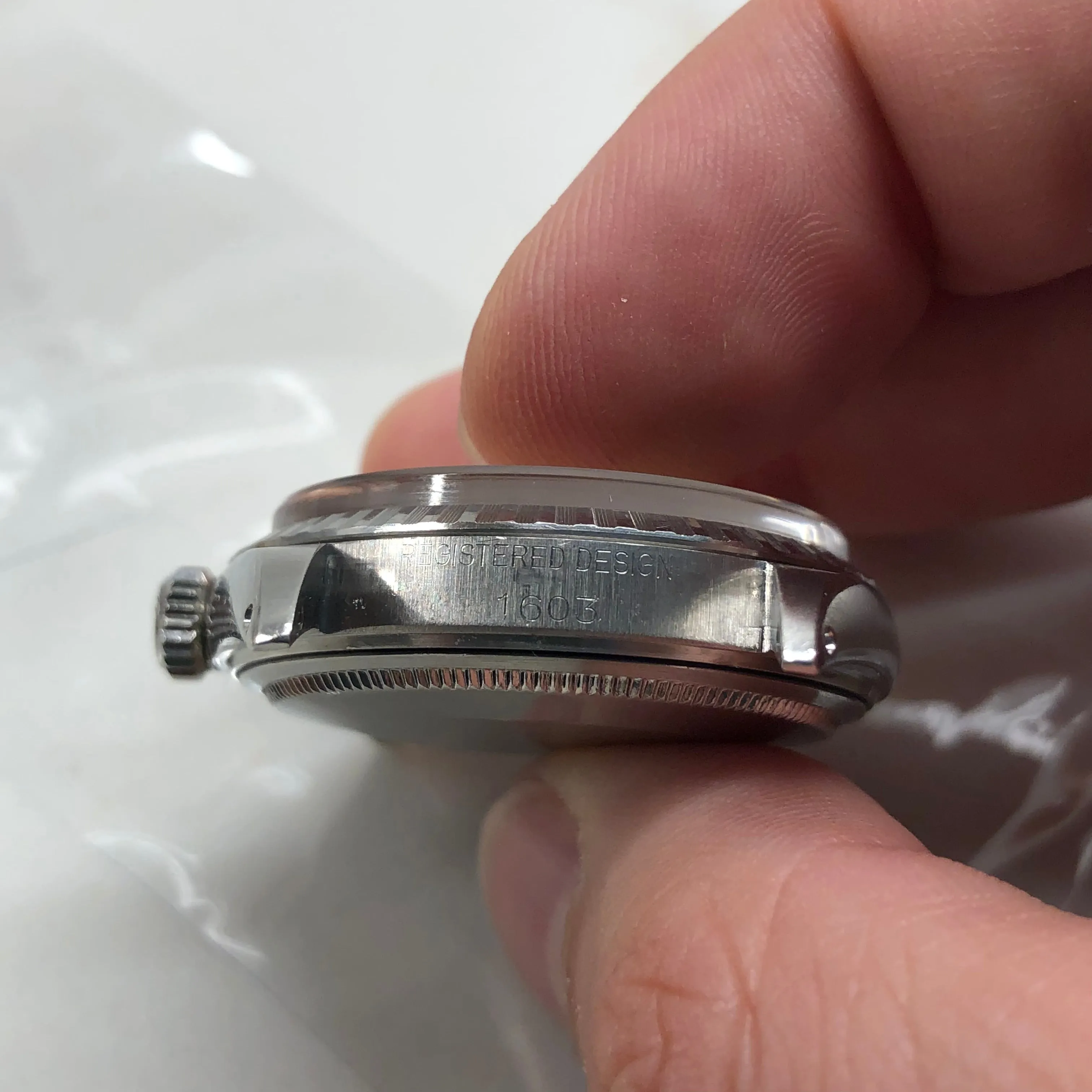1969 Rolex Datejust 1603 Steel Engine Turned Jubilee Silver Pie Pan Dial Wristwatch with Box