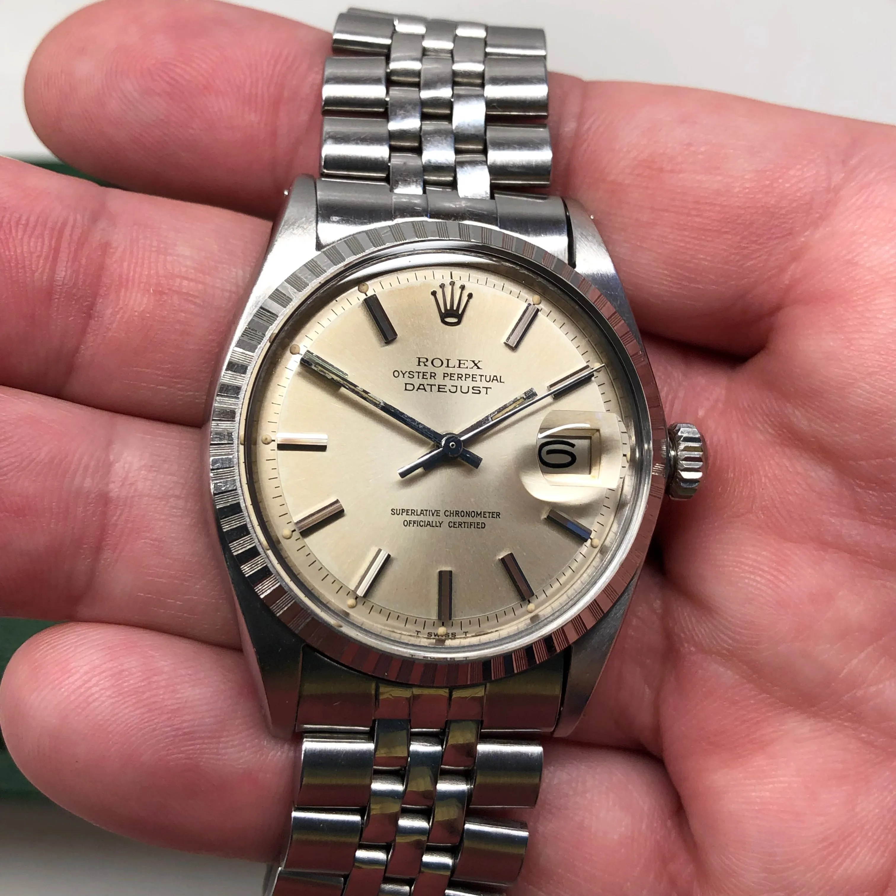 1969 Rolex Datejust 1603 Steel Engine Turned Jubilee Silver Pie Pan Dial Wristwatch with Box