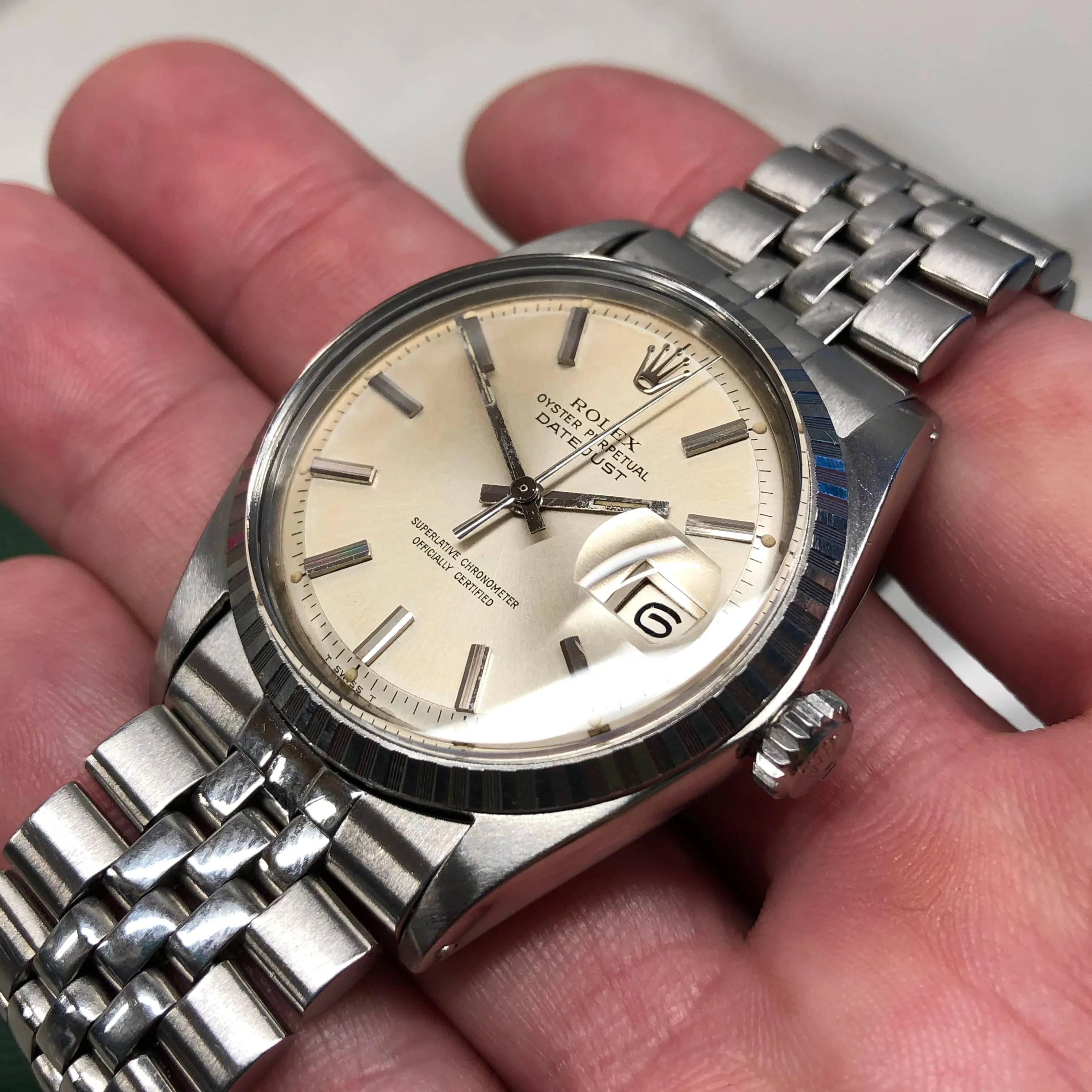 1969 Rolex Datejust 1603 Steel Engine Turned Jubilee Silver Pie Pan Dial Wristwatch with Box