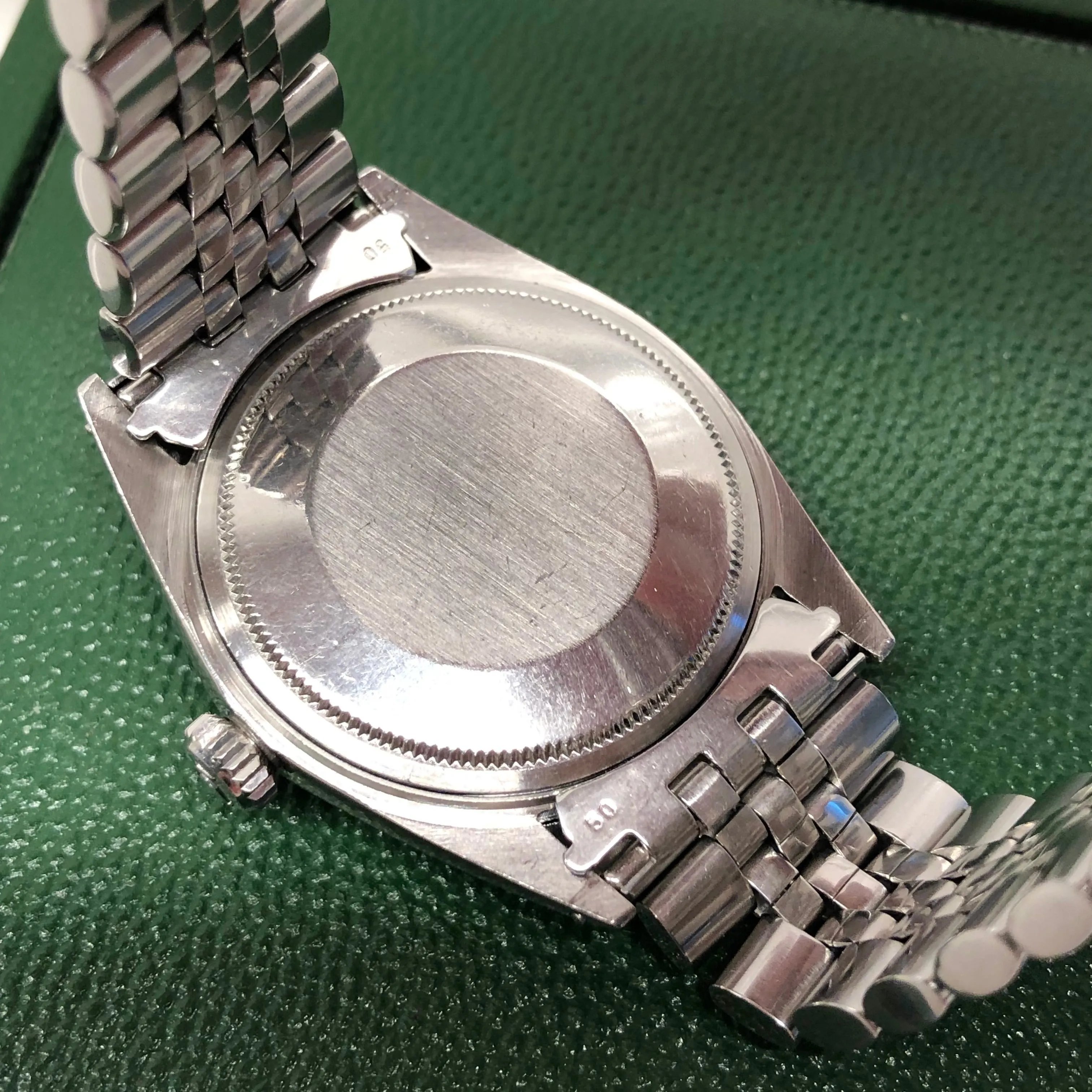 1969 Rolex Datejust 1603 Steel Engine Turned Jubilee Silver Pie Pan Dial Wristwatch with Box
