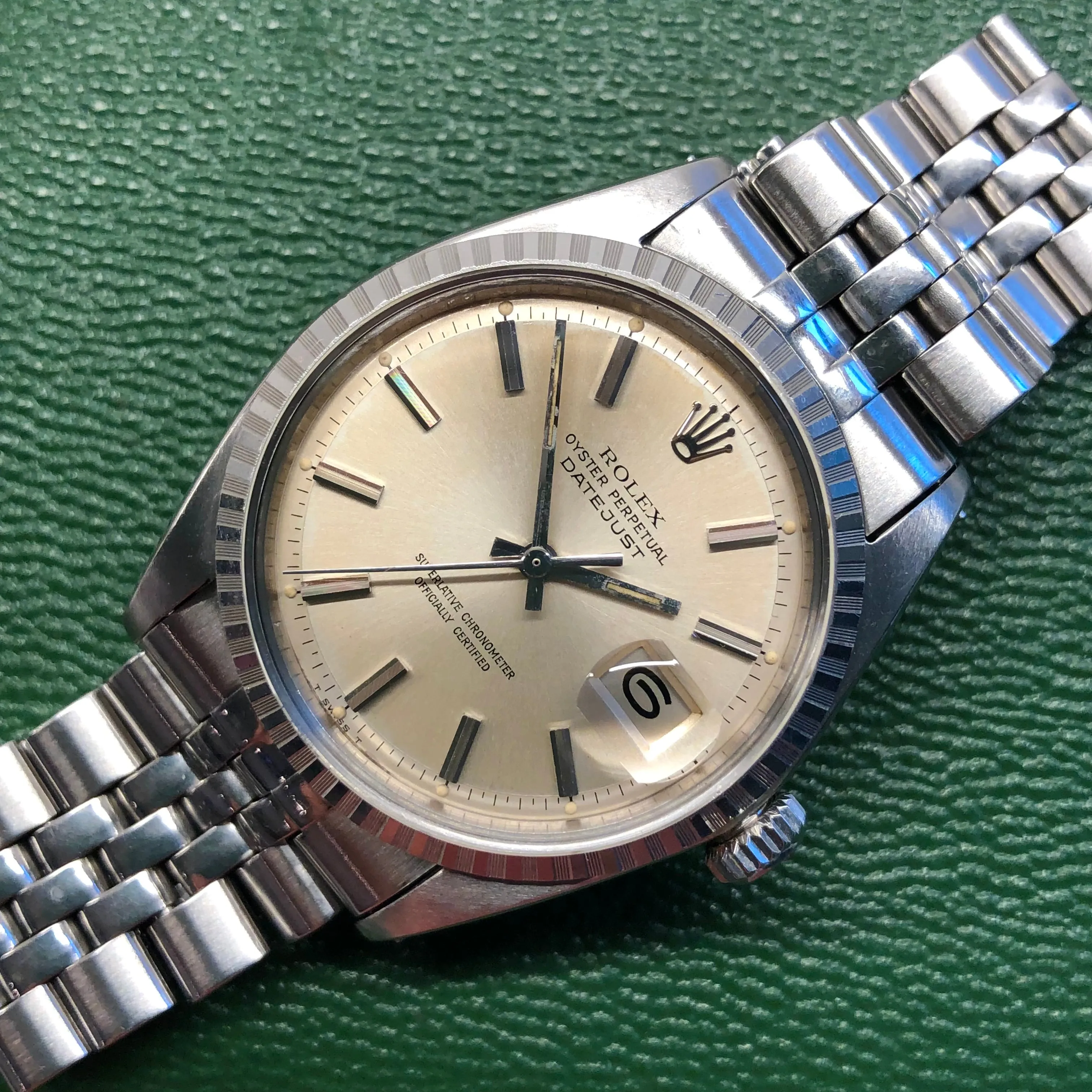 1969 Rolex Datejust 1603 Steel Engine Turned Jubilee Silver Pie Pan Dial Wristwatch with Box