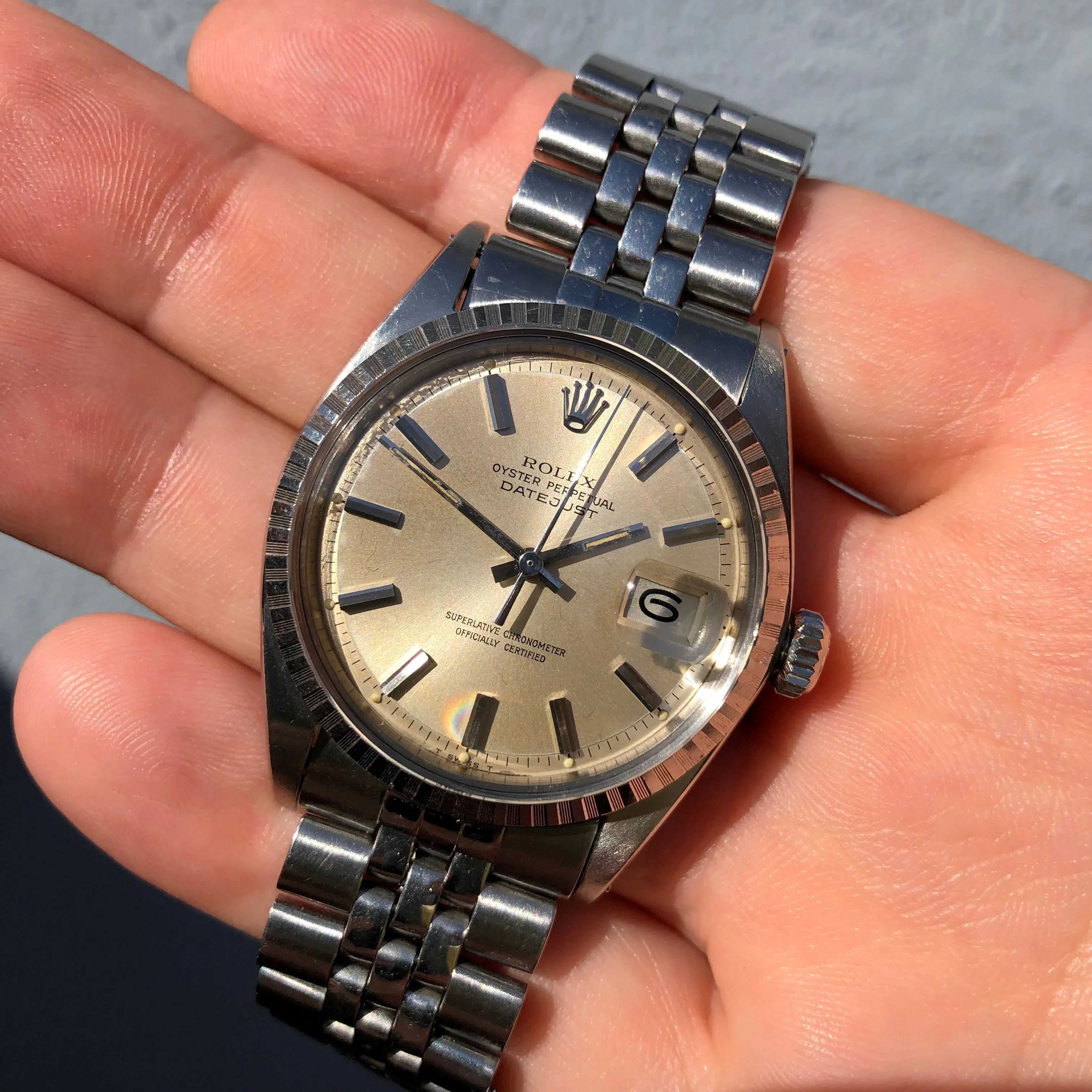 1969 Rolex Datejust 1603 Steel Engine Turned Jubilee Silver Pie Pan Dial Wristwatch with Box
