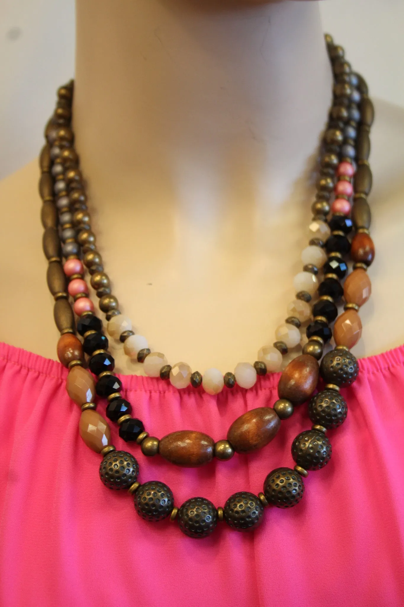 ADO | Wood Beaded 3 Strand Necklace