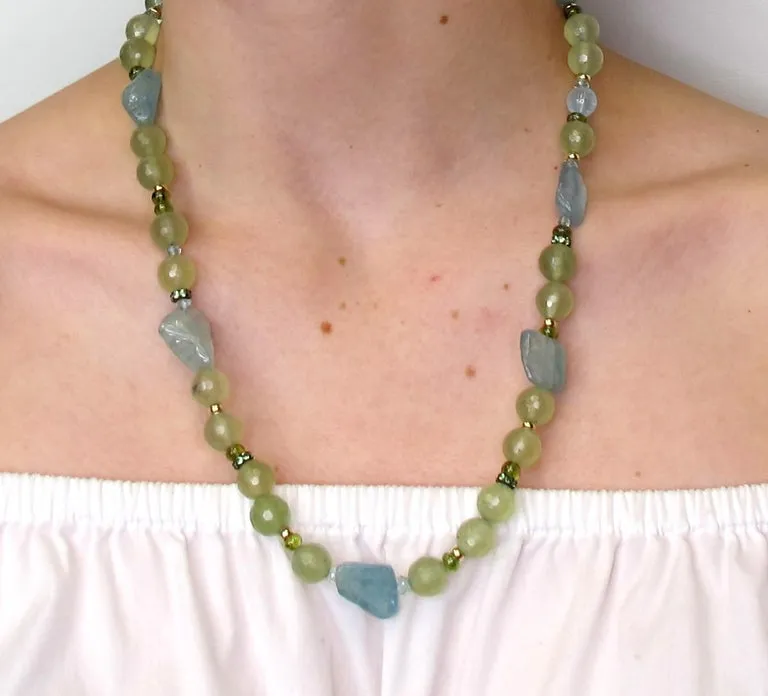 Aquamarine, Peridot, Phrenite and Tsavorite Beaded Necklace with 14K Gold
