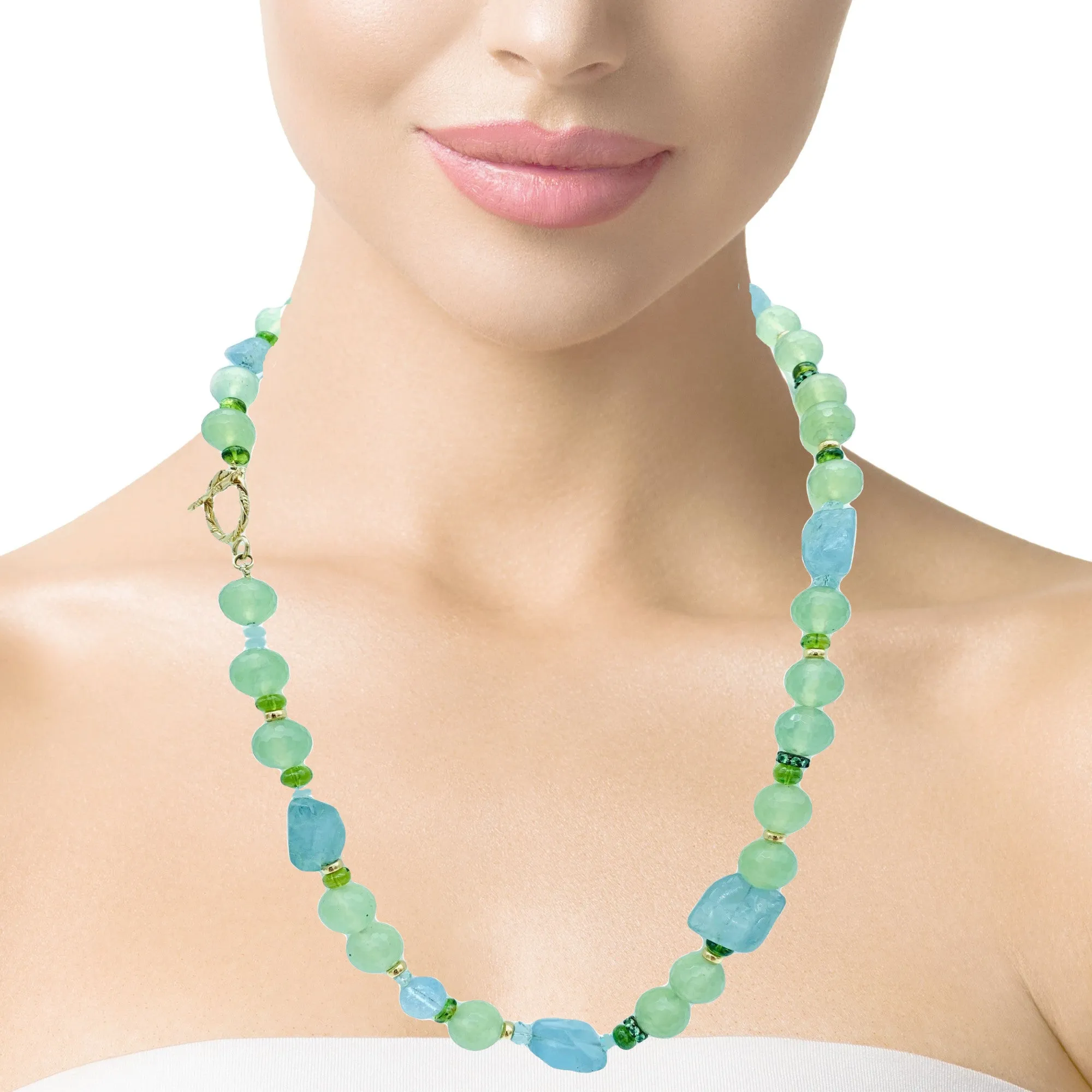 Aquamarine, Peridot, Phrenite and Tsavorite Beaded Necklace with 14K Gold
