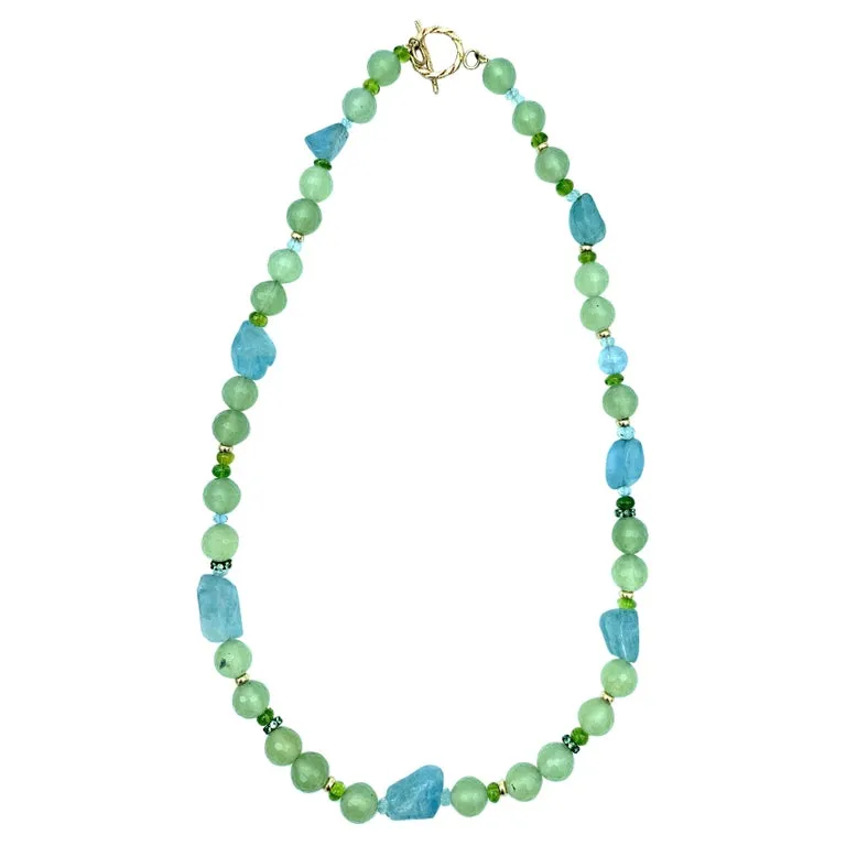 Aquamarine, Peridot, Phrenite and Tsavorite Beaded Necklace with 14K Gold