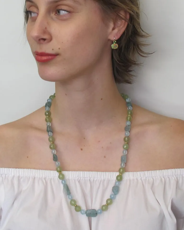 Aquamarine, Peridot, Phrenite and Tsavorite Beaded Necklace with 14K Gold