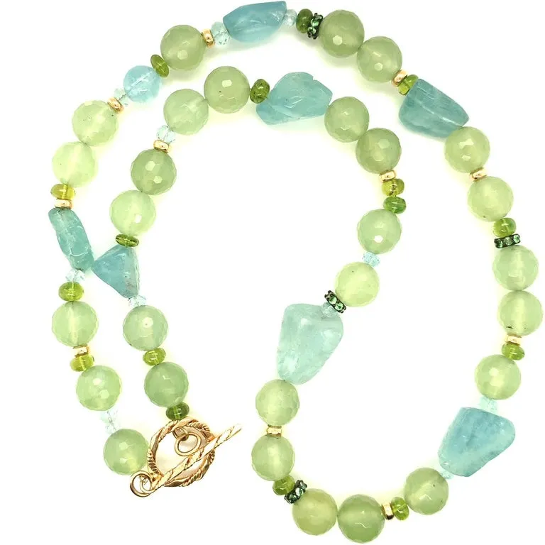 Aquamarine, Peridot, Phrenite and Tsavorite Beaded Necklace with 14K Gold