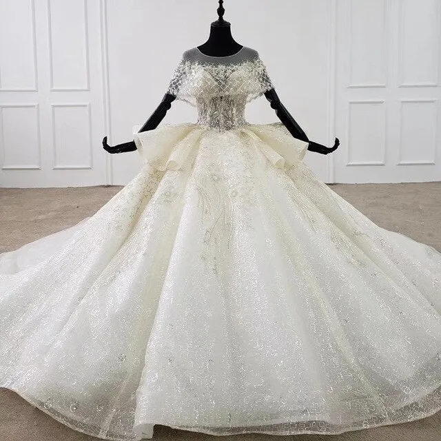 BGW 31230ht Peplum Vintage Wedding Dress Cloak O Neck Applique Sequin Wedding Dress Gown Rhinestone Lace Up Ball Gown فستان عروس