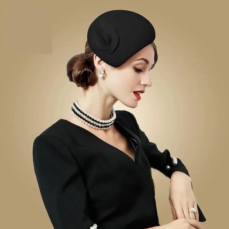 Black Wool Felt Vintage Cocktail Fashion Pillbox Hat