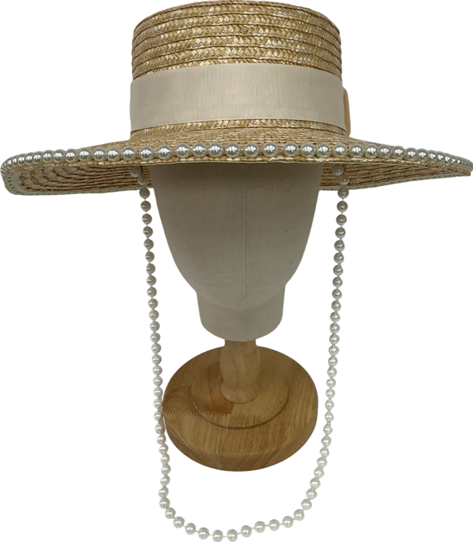 Boutique Bonita Beige Pearl Embellished Straw Hat With Embroidered ‘a’ One Size