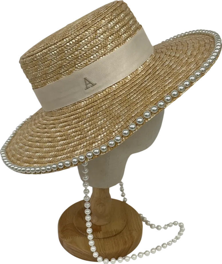 Boutique Bonita Beige Pearl Embellished Straw Hat With Embroidered ‘a’ One Size