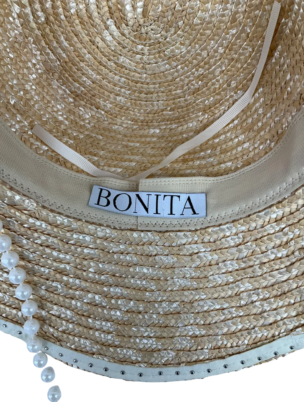 Boutique Bonita Beige Pearl Embellished Straw Hat With Embroidered ‘a’ One Size