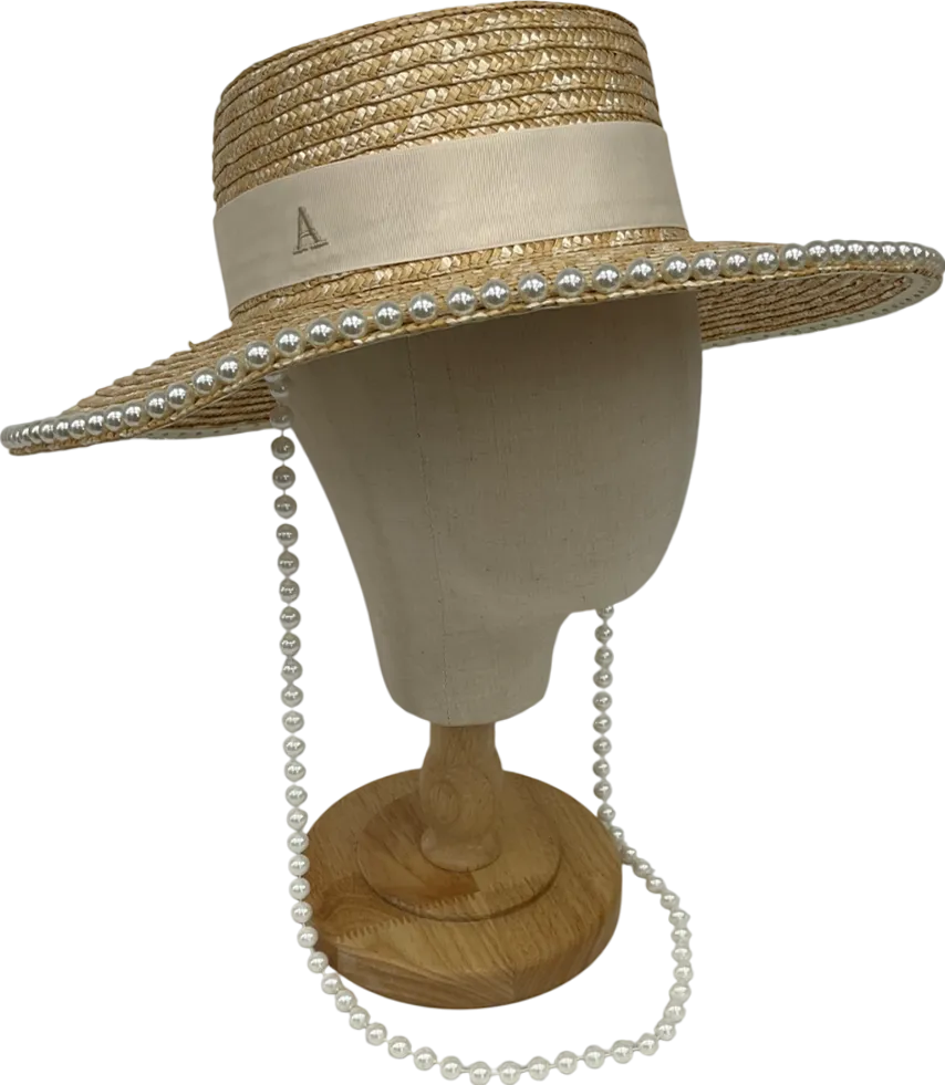 Boutique Bonita Beige Pearl Embellished Straw Hat With Embroidered ‘a’ One Size
