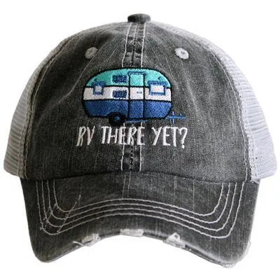 Camping hats { RV there yet? } Gray with pink & teal or gray with blue and pink. Embroidered distressed trucker cap with adjustable Velkro & hole for pony. Unisex. Vintage camper. Camping.