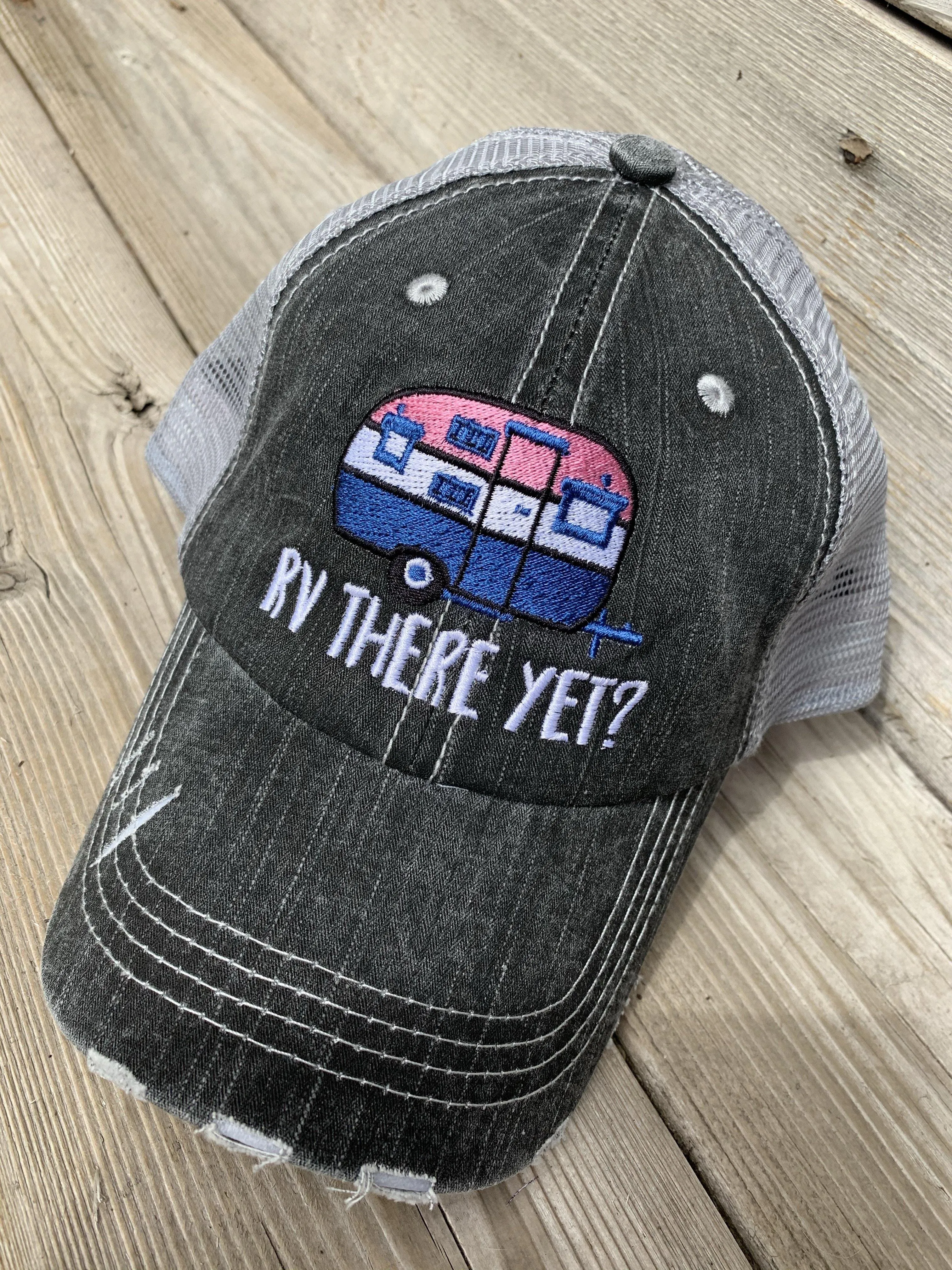 Camping hats { RV there yet? } Gray with pink & teal or gray with blue and pink. Embroidered distressed trucker cap with adjustable Velkro & hole for pony. Unisex. Vintage camper. Camping.