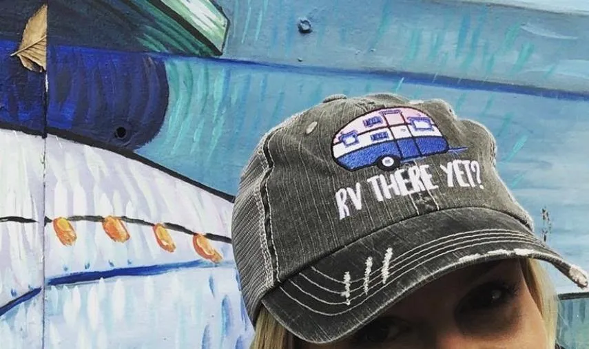 Camping hats { RV there yet? } Gray with pink & teal or gray with blue and pink. Embroidered distressed trucker cap with adjustable Velkro & hole for pony. Unisex. Vintage camper. Camping.