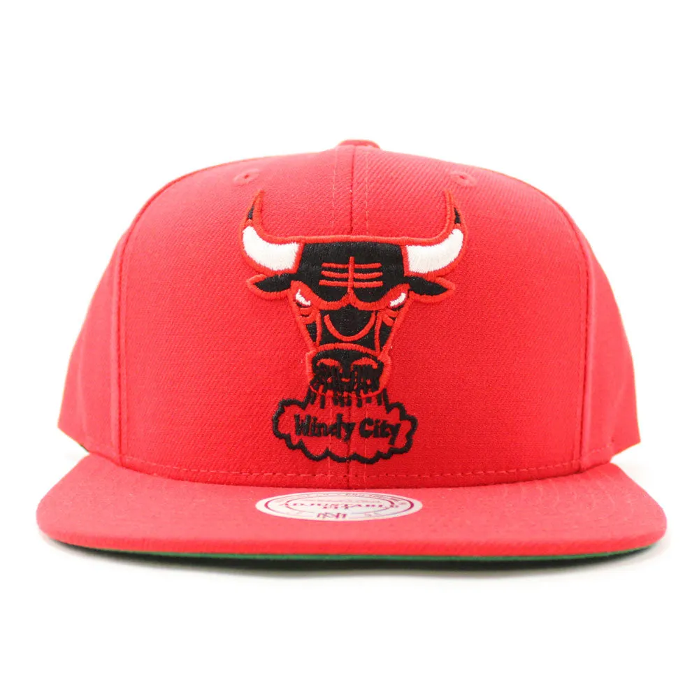 Chicago Bulls Mitchell and Ness Snapback Hat (Red Green Under Brim)