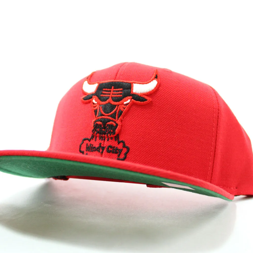 Chicago Bulls Mitchell and Ness Snapback Hat (Red Green Under Brim)