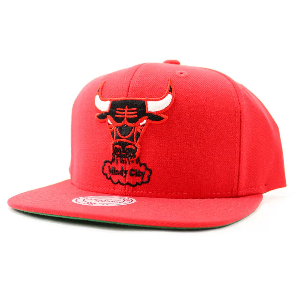Chicago Bulls Mitchell and Ness Snapback Hat (Red Green Under Brim)