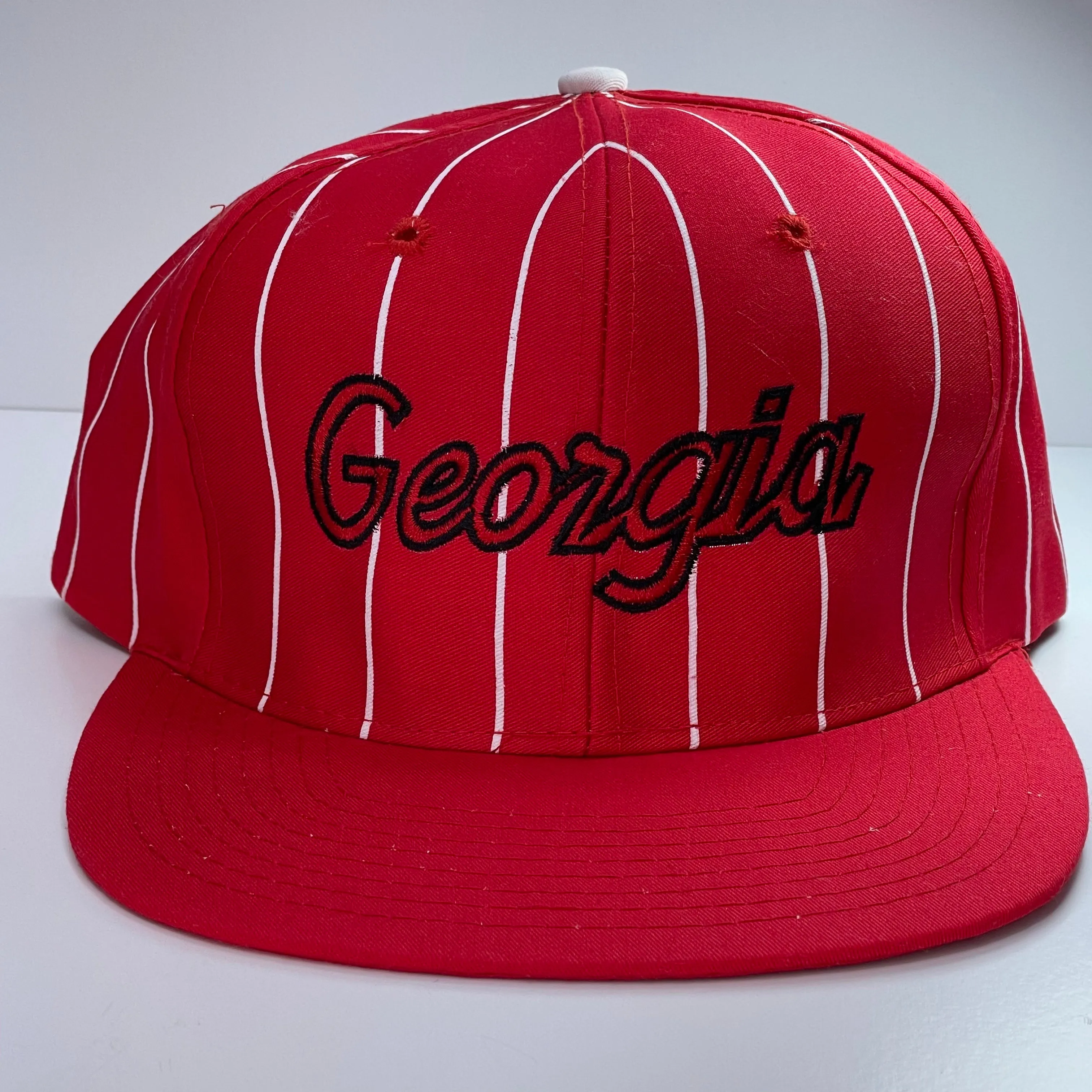 Georgia Script Vintage Red White Pinstripe Mid Crown Snapback Cap Hat Custom Embroidery