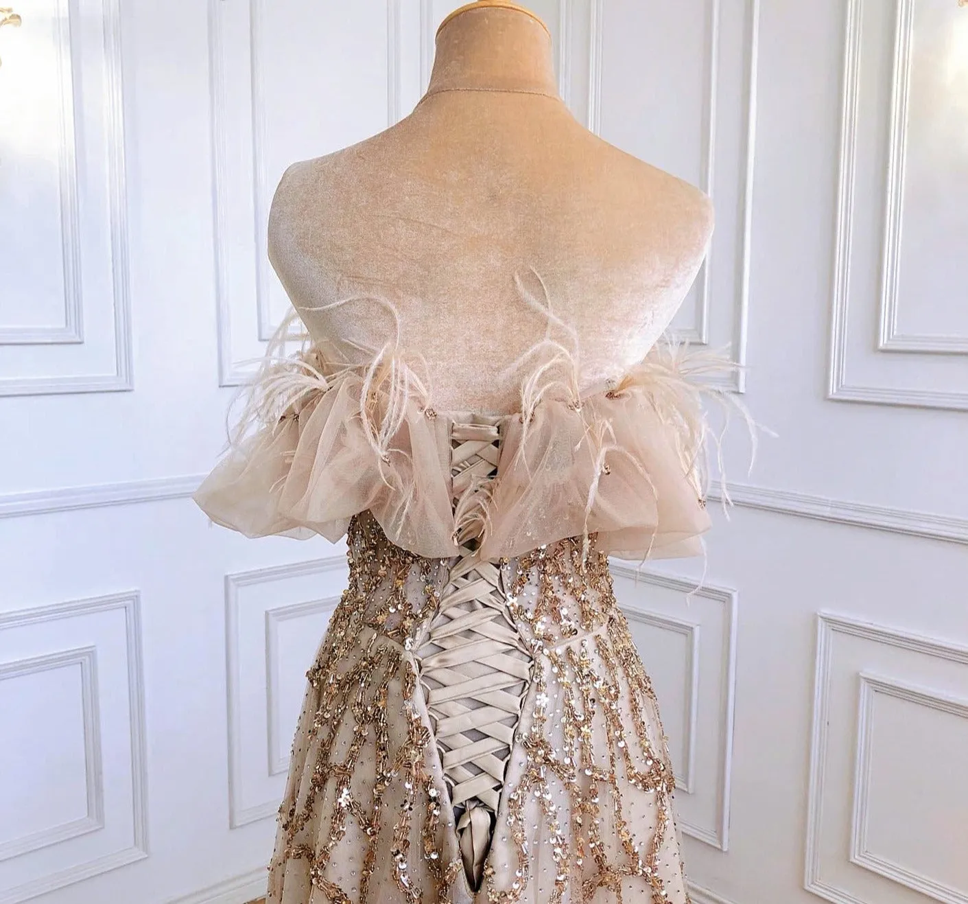 Grey Luxury Beaded Feathers A-Line Evening Gown