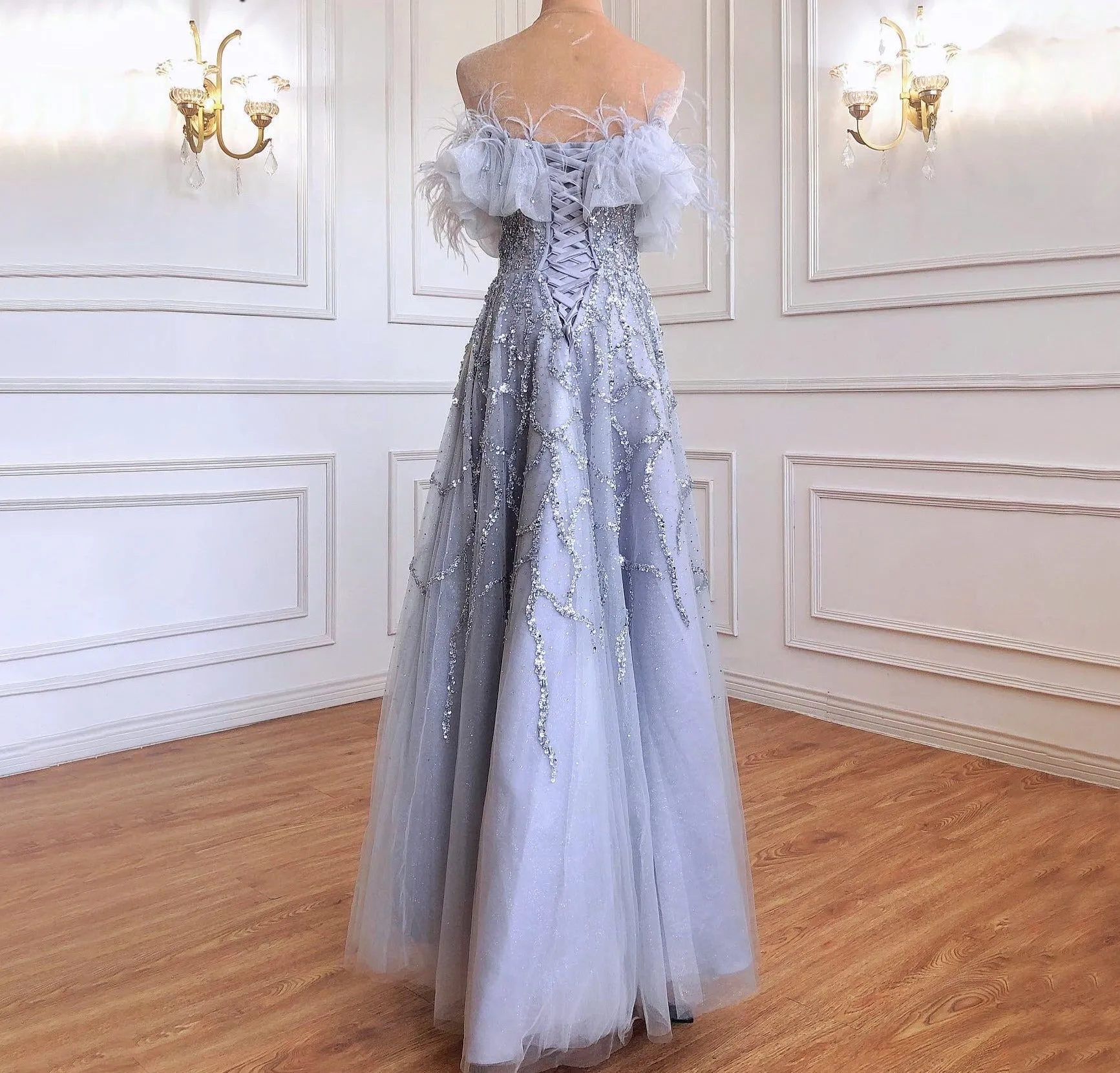 Grey Luxury Beaded Feathers A-Line Evening Gown