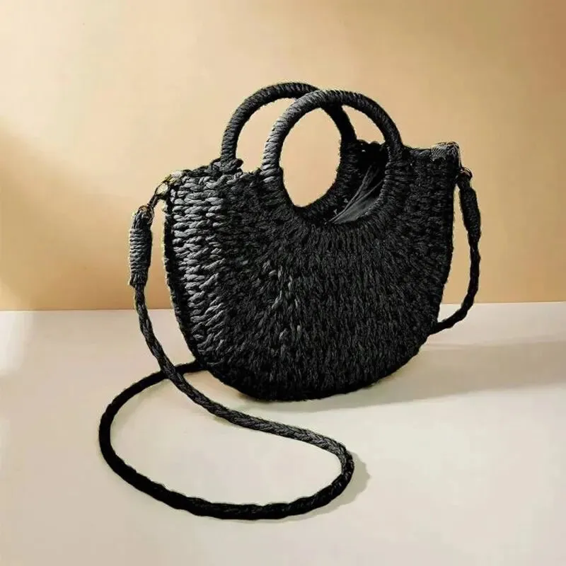 Handwoven Straw Purse Rattan Half-Moon Beach Handbag Large Capacity Women Summer Hollow Out Crossbody Shoulder Bag