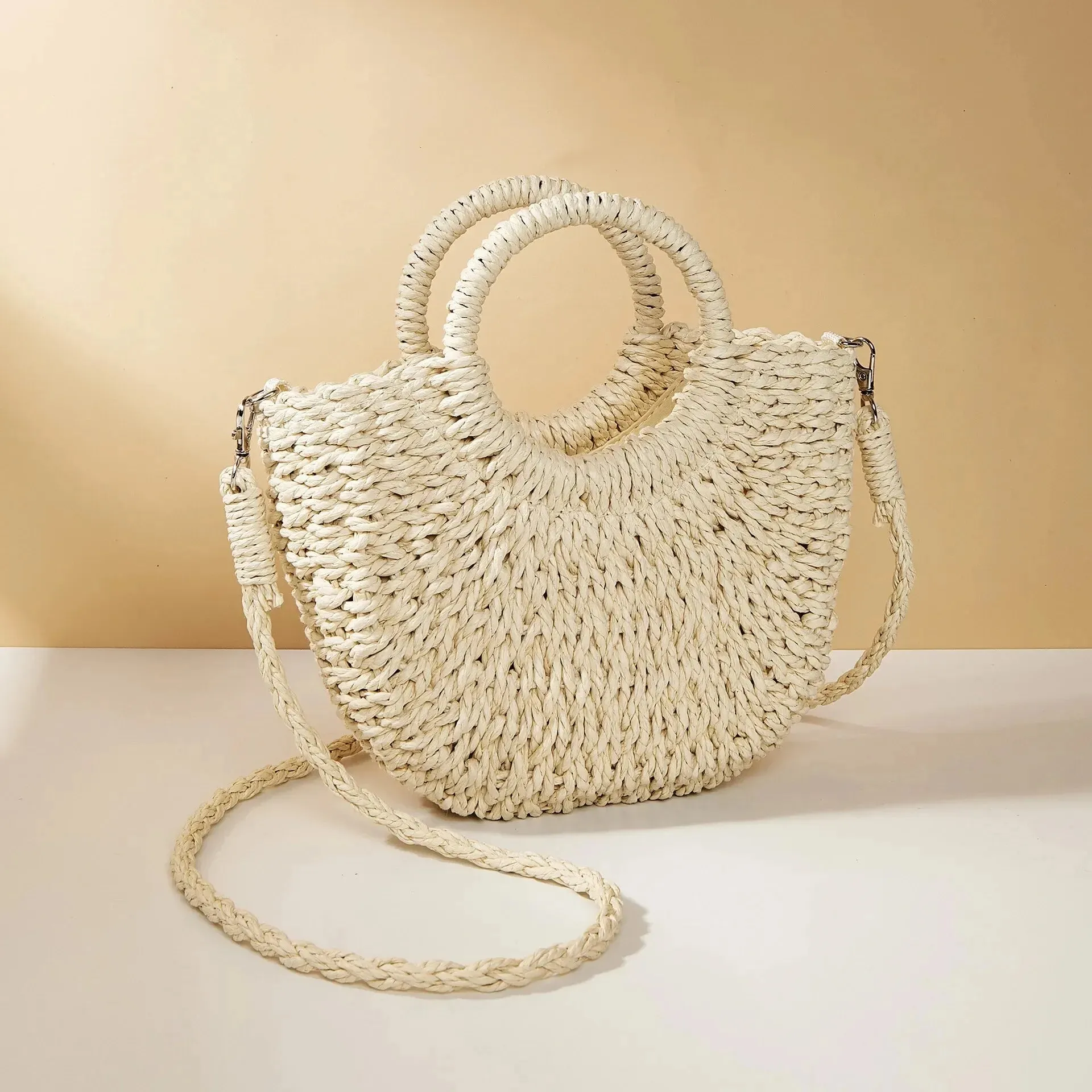 Handwoven Straw Purse Rattan Half-Moon Beach Handbag Large Capacity Women Summer Hollow Out Crossbody Shoulder Bag
