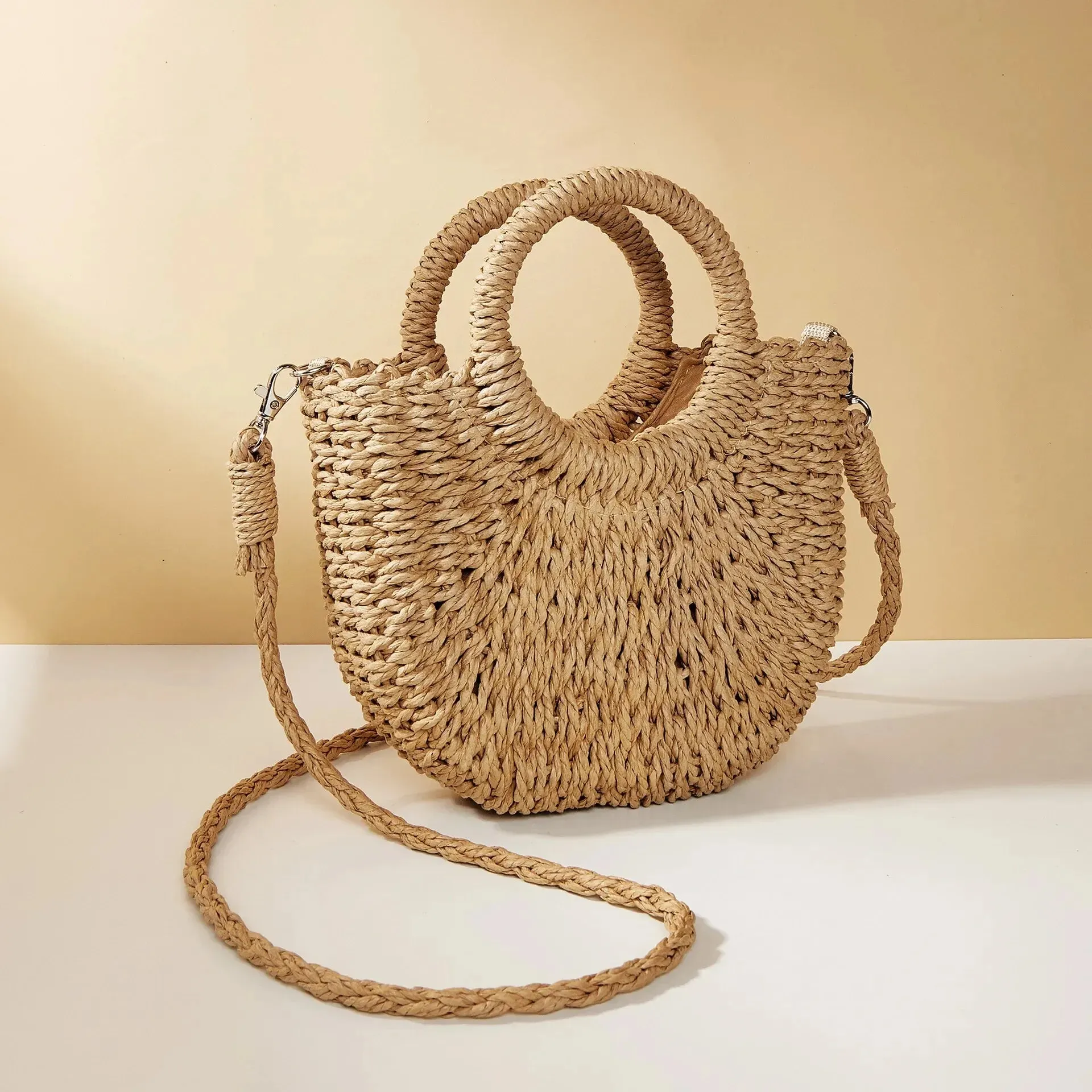 Handwoven Straw Purse Rattan Half-Moon Beach Handbag Large Capacity Women Summer Hollow Out Crossbody Shoulder Bag