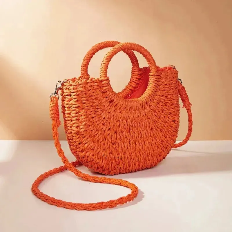 Handwoven Straw Purse Rattan Half-Moon Beach Handbag Large Capacity Women Summer Hollow Out Crossbody Shoulder Bag