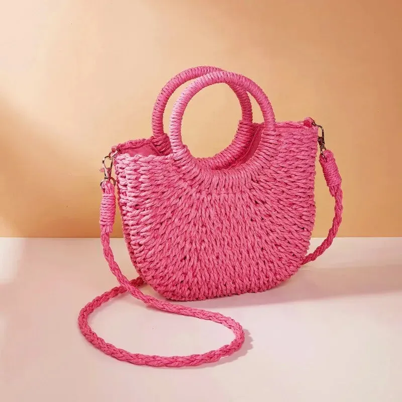 Handwoven Straw Purse Rattan Half-Moon Beach Handbag Large Capacity Women Summer Hollow Out Crossbody Shoulder Bag