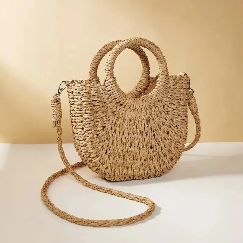 Handwoven Straw Purse Rattan Half-Moon Beach Handbag Large Capacity Women Summer Hollow Out Crossbody Shoulder Bag