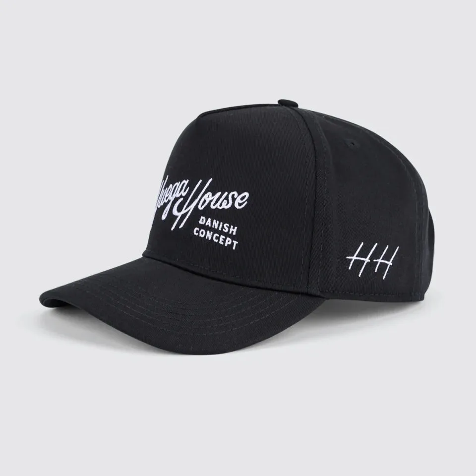 Huega House Retro Script | Everyday Black Snapback Hat - High Profile