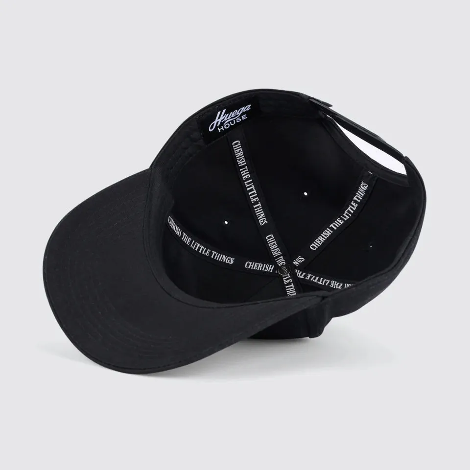Huega House Retro Script | Everyday Black Snapback Hat - High Profile