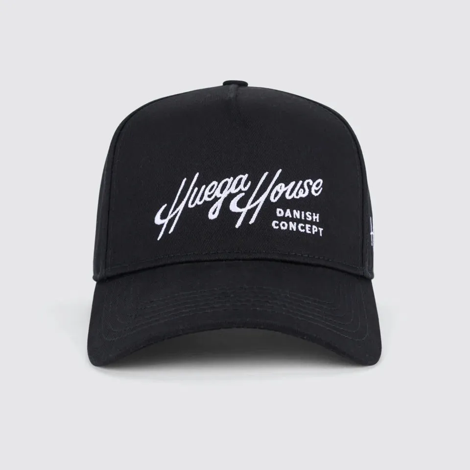 Huega House Retro Script | Everyday Black Snapback Hat - High Profile