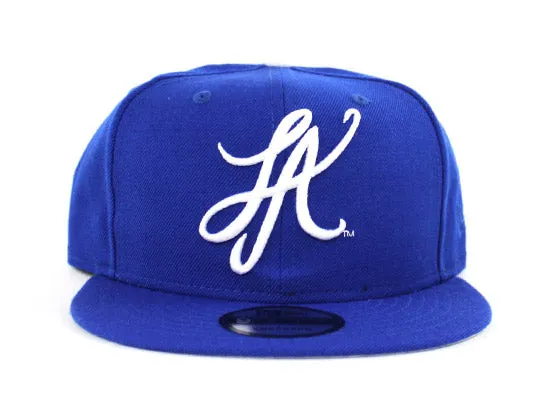 LA Script New Era 9Fifty Snapback Hats (Blue Gray Under Brim)