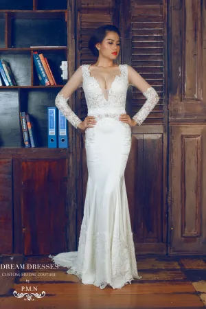 Long Sleeve Silk Wedding Dress (#PB091)