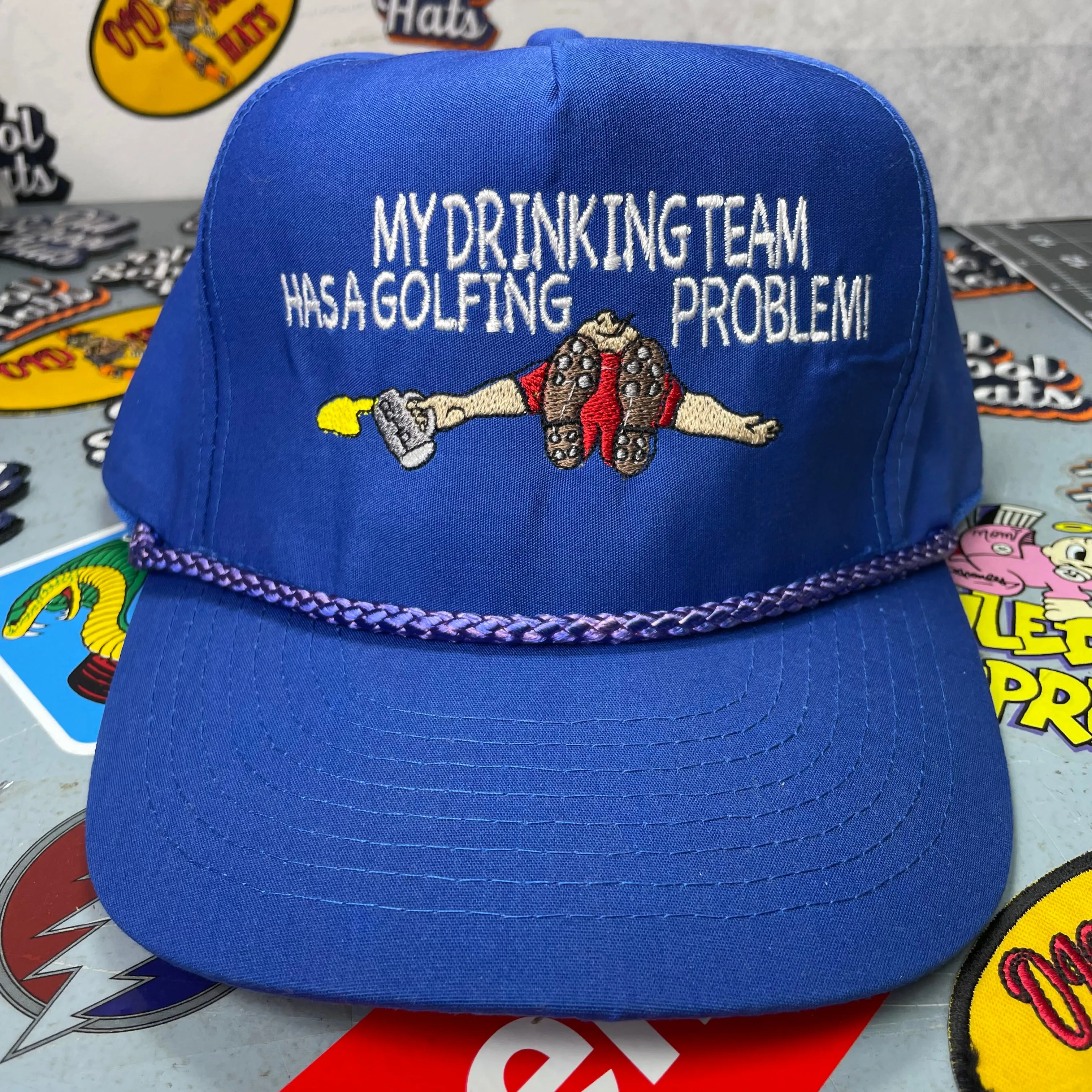 MY DRINKING TEAM GOLF Vintage Custom Embroidered Blue Strapback Rope Cap Hat