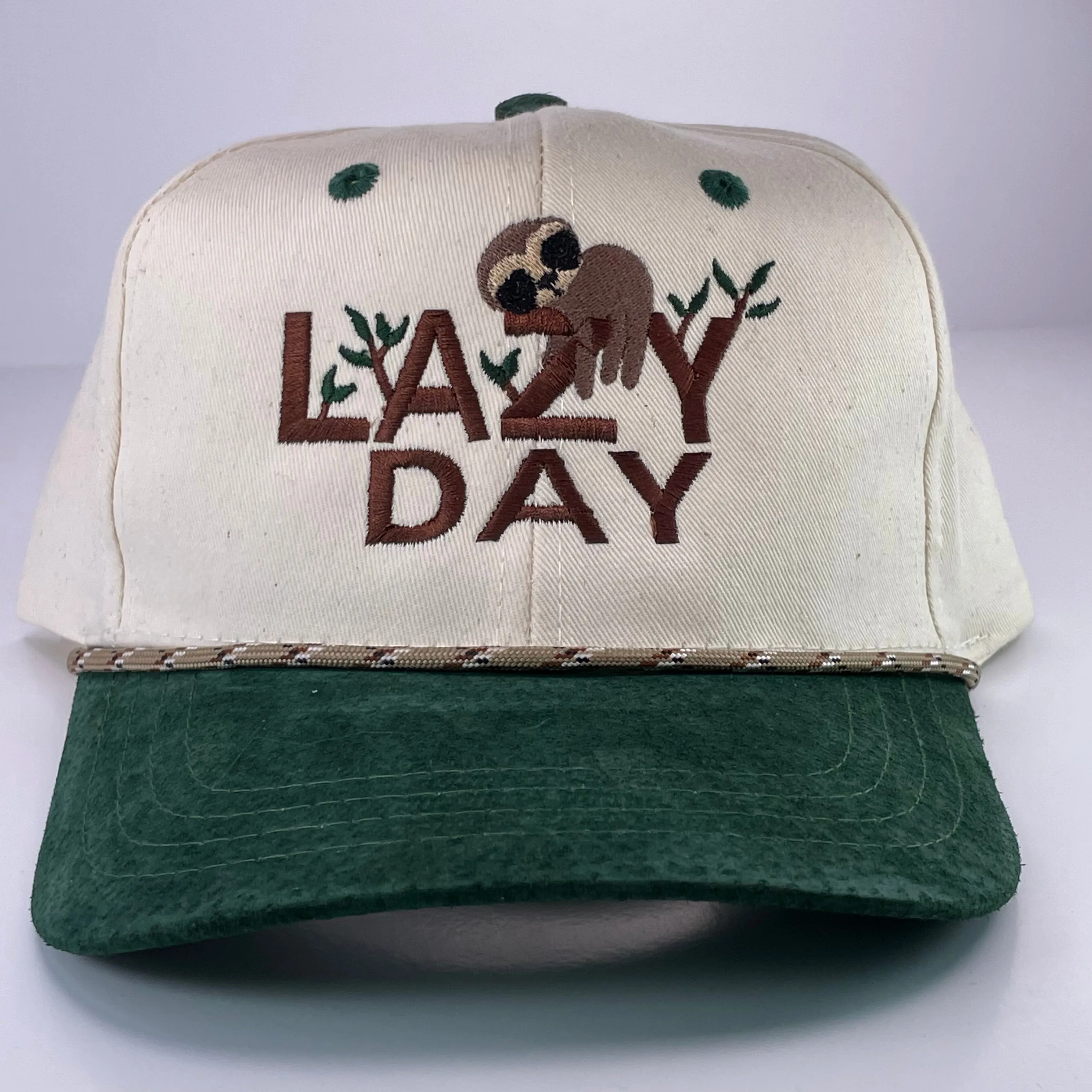 National LAZY DAY Vintage Green Suede Brim Snapback Cap Hat With Rope Custom Embroidered