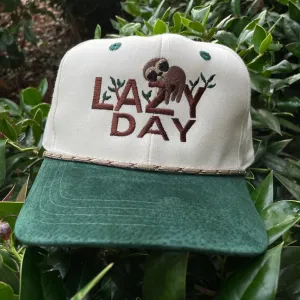 National LAZY DAY Vintage Green Suede Brim Snapback Cap Hat With Rope Custom Embroidered