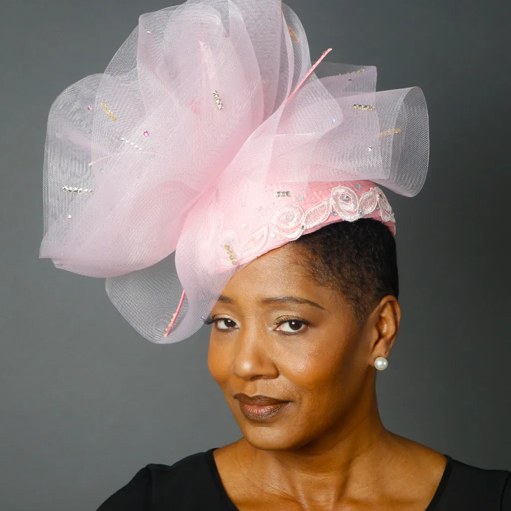 OE0018-Horse hair pillbox dress hat with lace/flowers