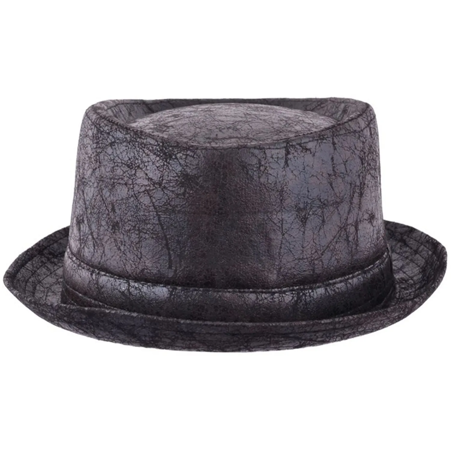 Pork Pie Hat Vintage Distressed Leather Look In Black - Maz